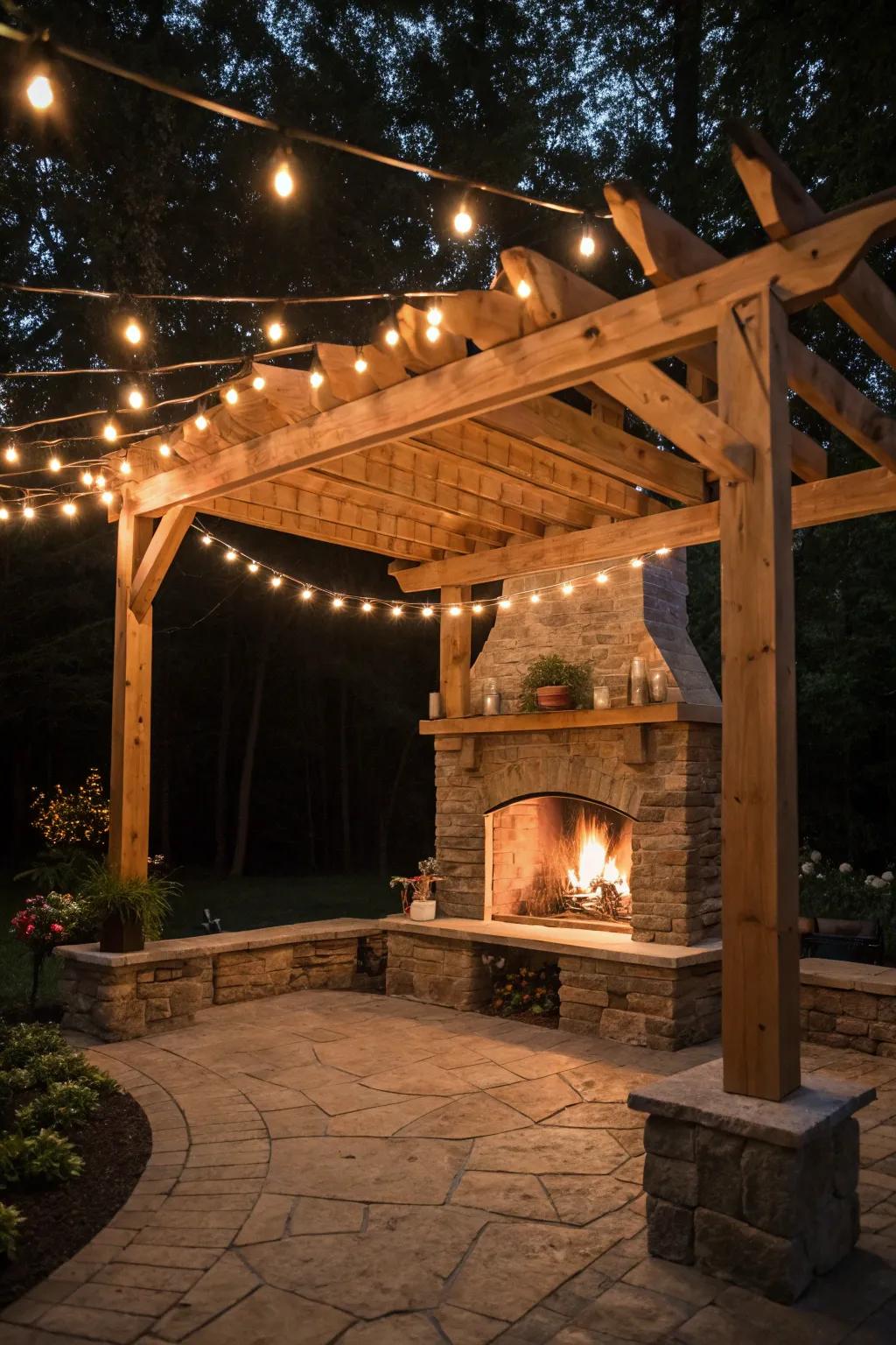 Pergola-enhanced outdoor fireplace area with soft illumination.