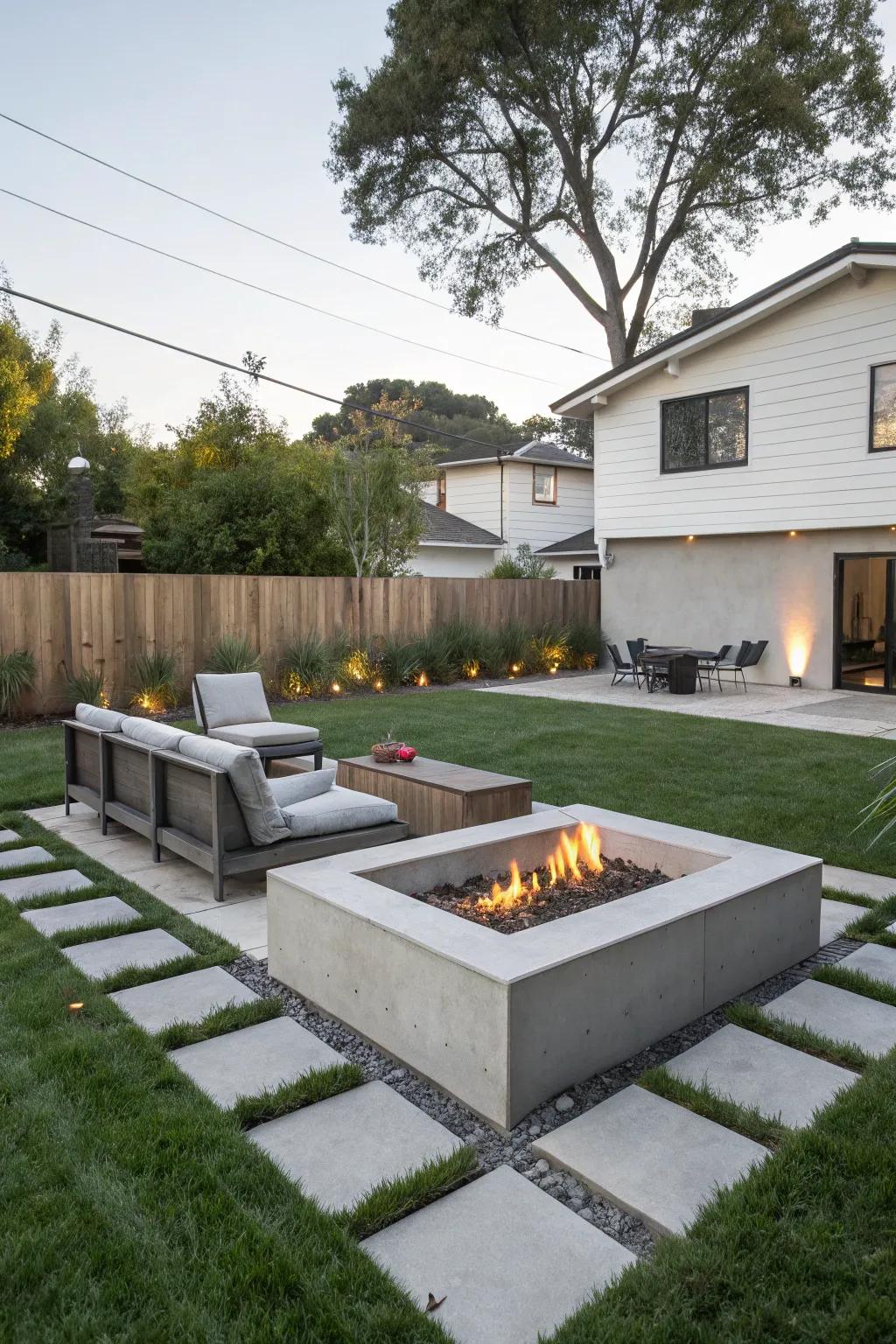 Sleek, minimal concrete fire pit creating modern elegance.