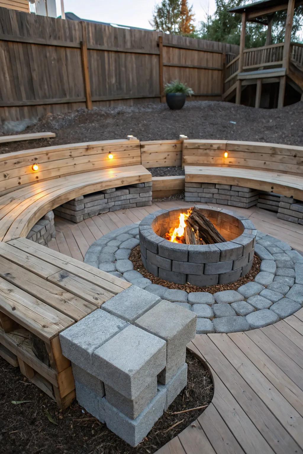 Architecturally interesting multi-level seating by the fire.