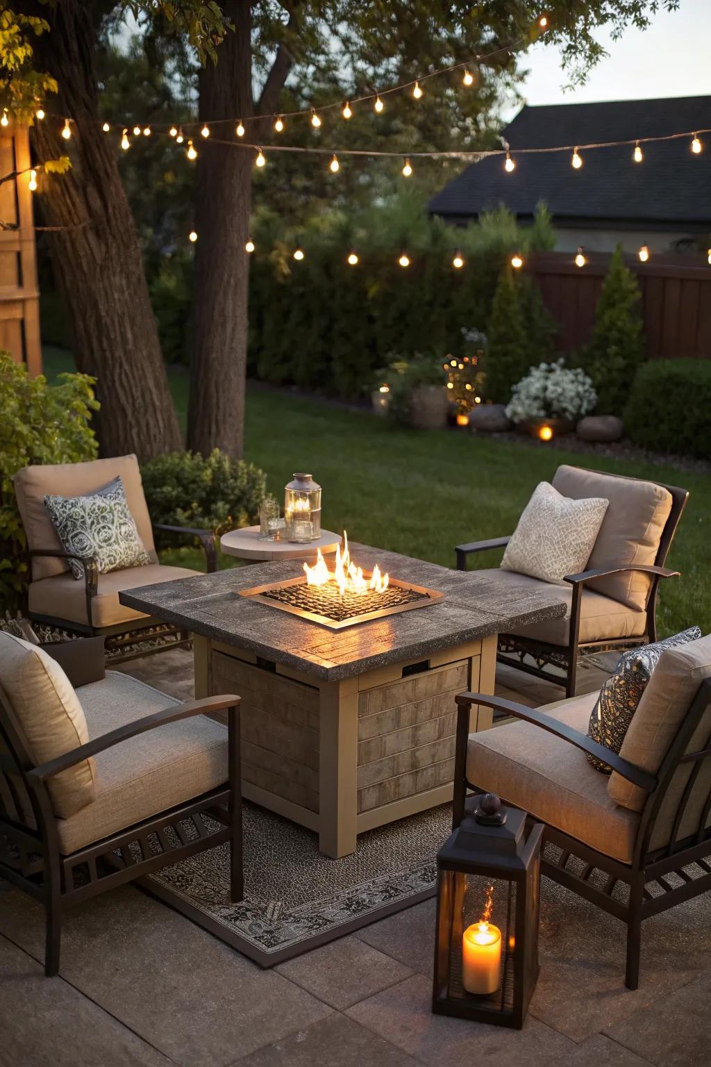 A fire table combines heat and functionality into one centerpiece.