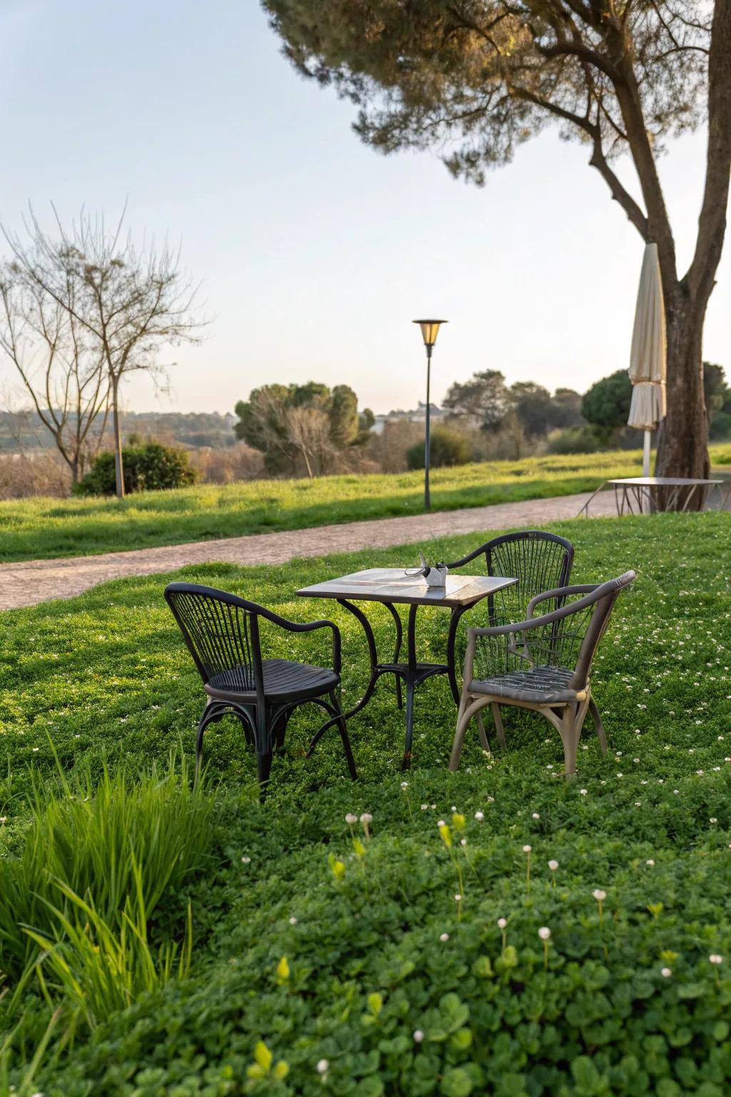 Enjoy a relaxing and inviting seating area on your clover lawn.