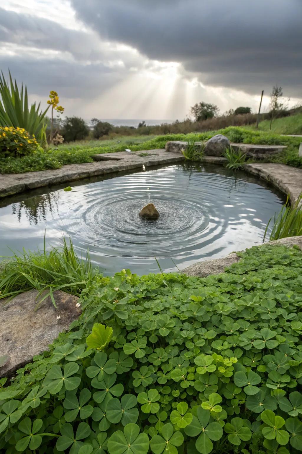 Clover complements water features with its serene presence.