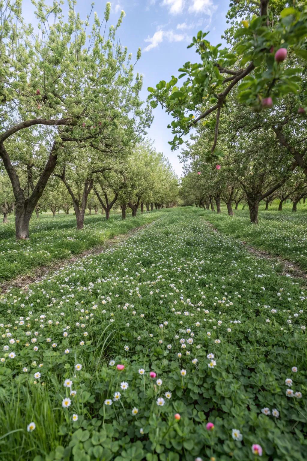 Clover lawns support healthy fruit tree growth.