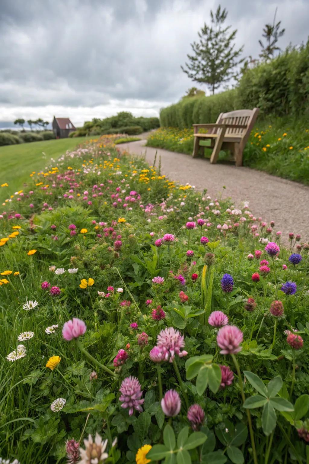 Add wildflowers to your clover lawn for a burst of color and life.