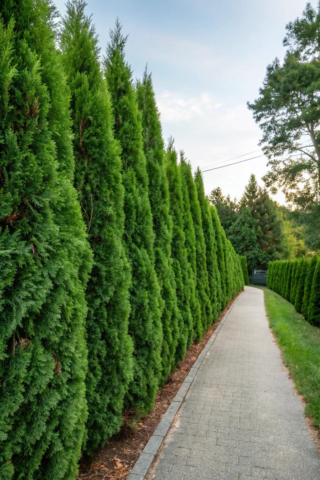 Emerald green arborvitae neatly lining a driveway for a natural border.