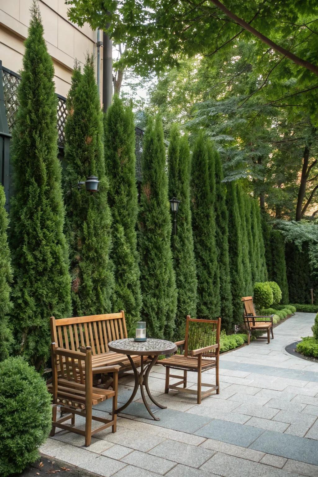 A cozy outdoor living area with emerald green arborvitae as a lush backdrop.