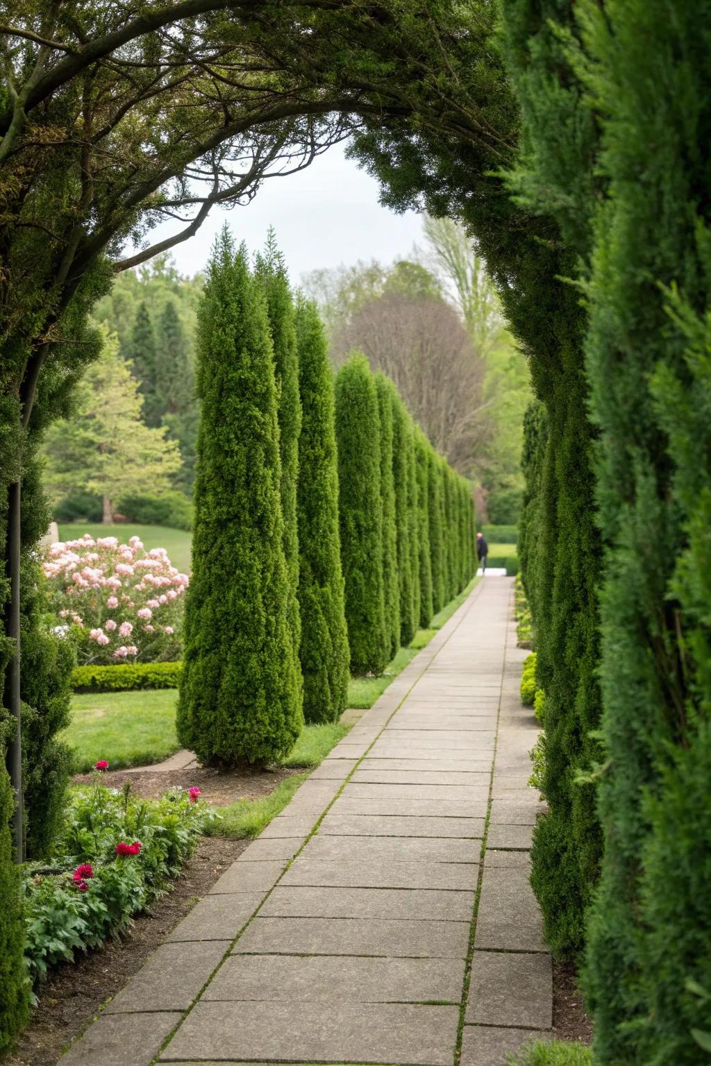 Pathway defined by rows of elegant emerald green arborvitae.