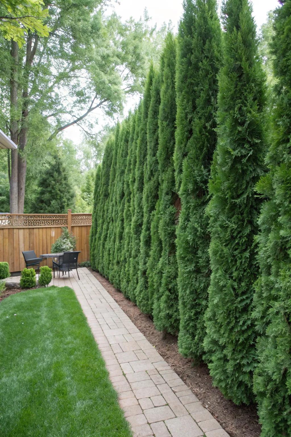 Emerald green arborvitae used as a natural privacy screen in a peaceful backyard.