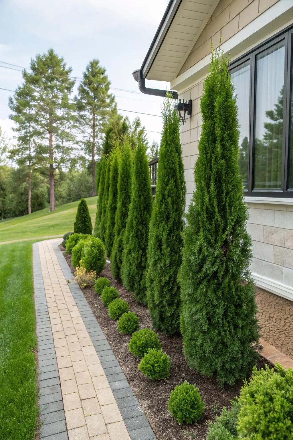 Emerald green arborvitae enhancing the foundation of a home with lush greenery.