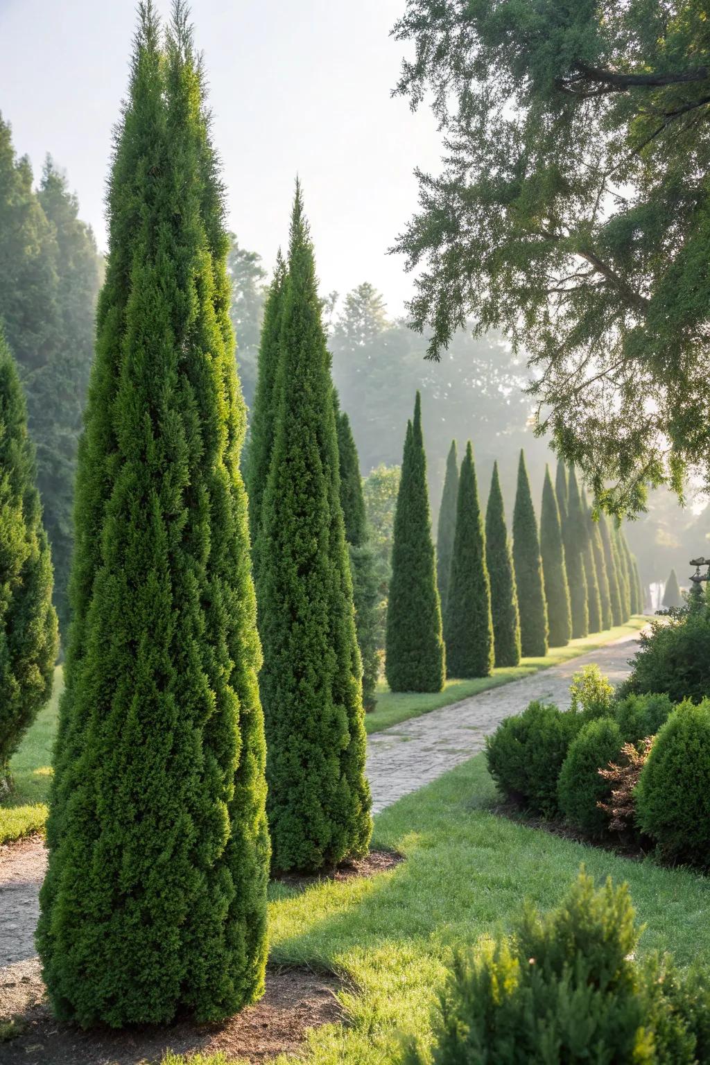 Layered garden design with emerald green arborvitae of different heights.
