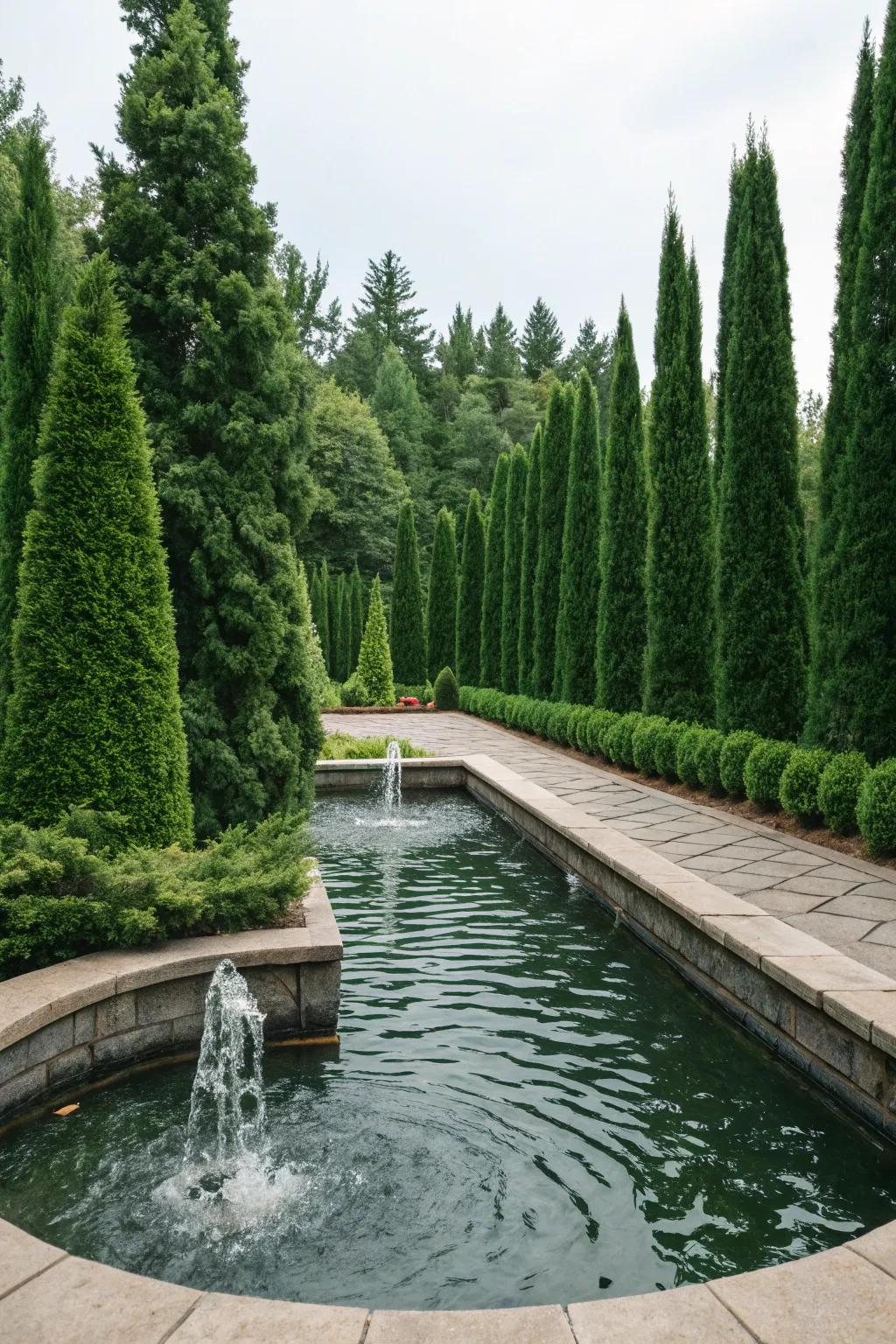 Emerald green arborvitae accentuating a tranquil water feature.