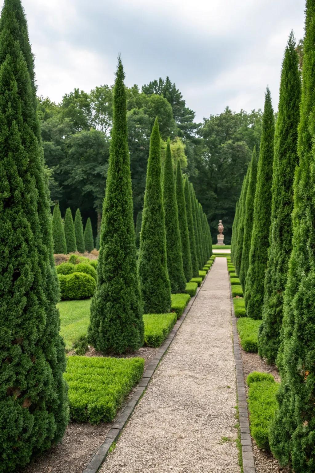 Symmetrical emerald green arborvitae adding order to a garden.