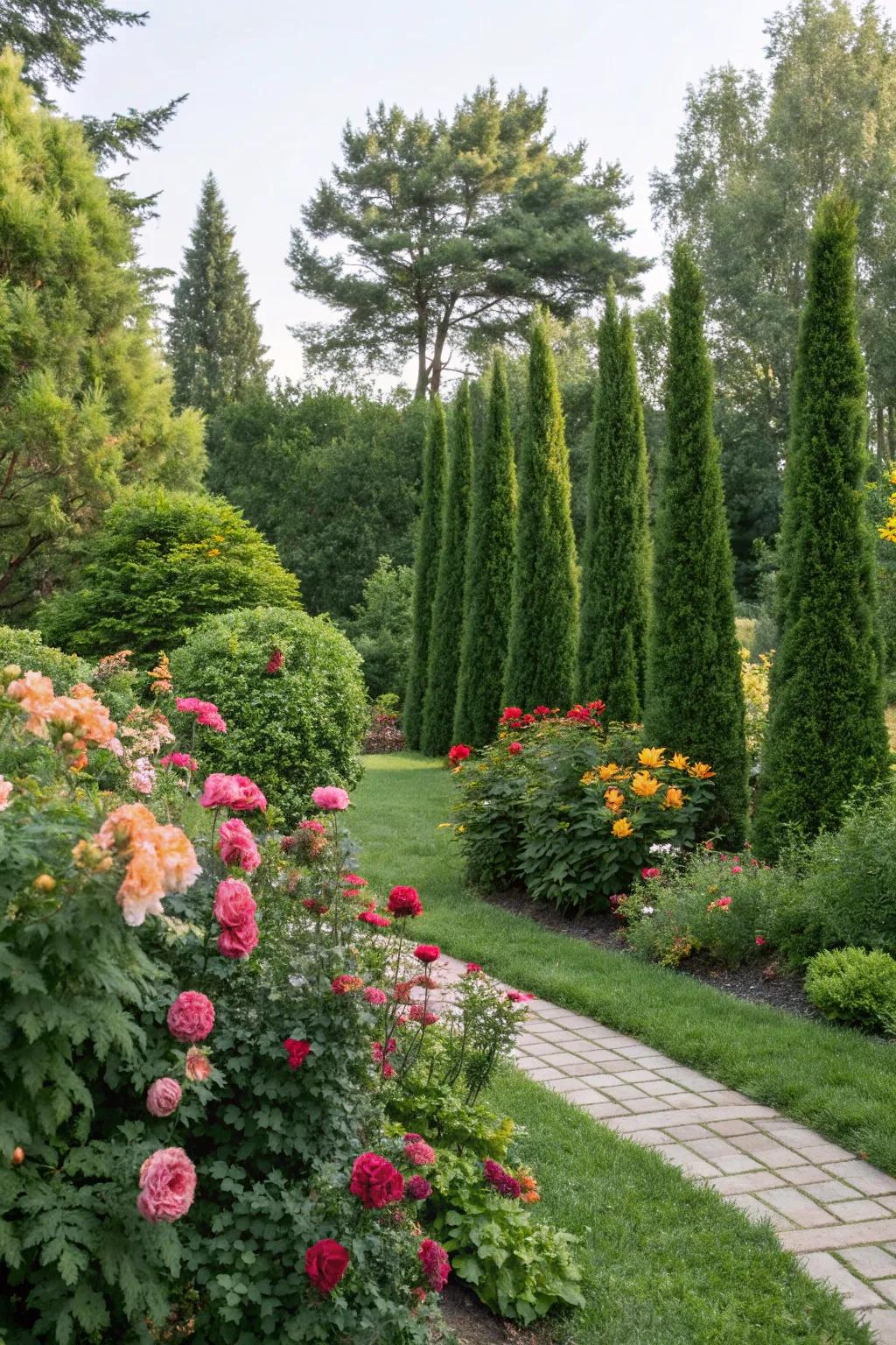Emerald green arborvitae providing a lush backdrop for colorful flowers.