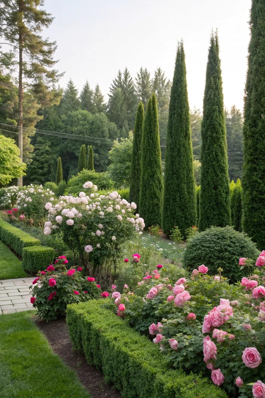 A garden with a consistent evergreen backdrop of emerald green arborvitae.