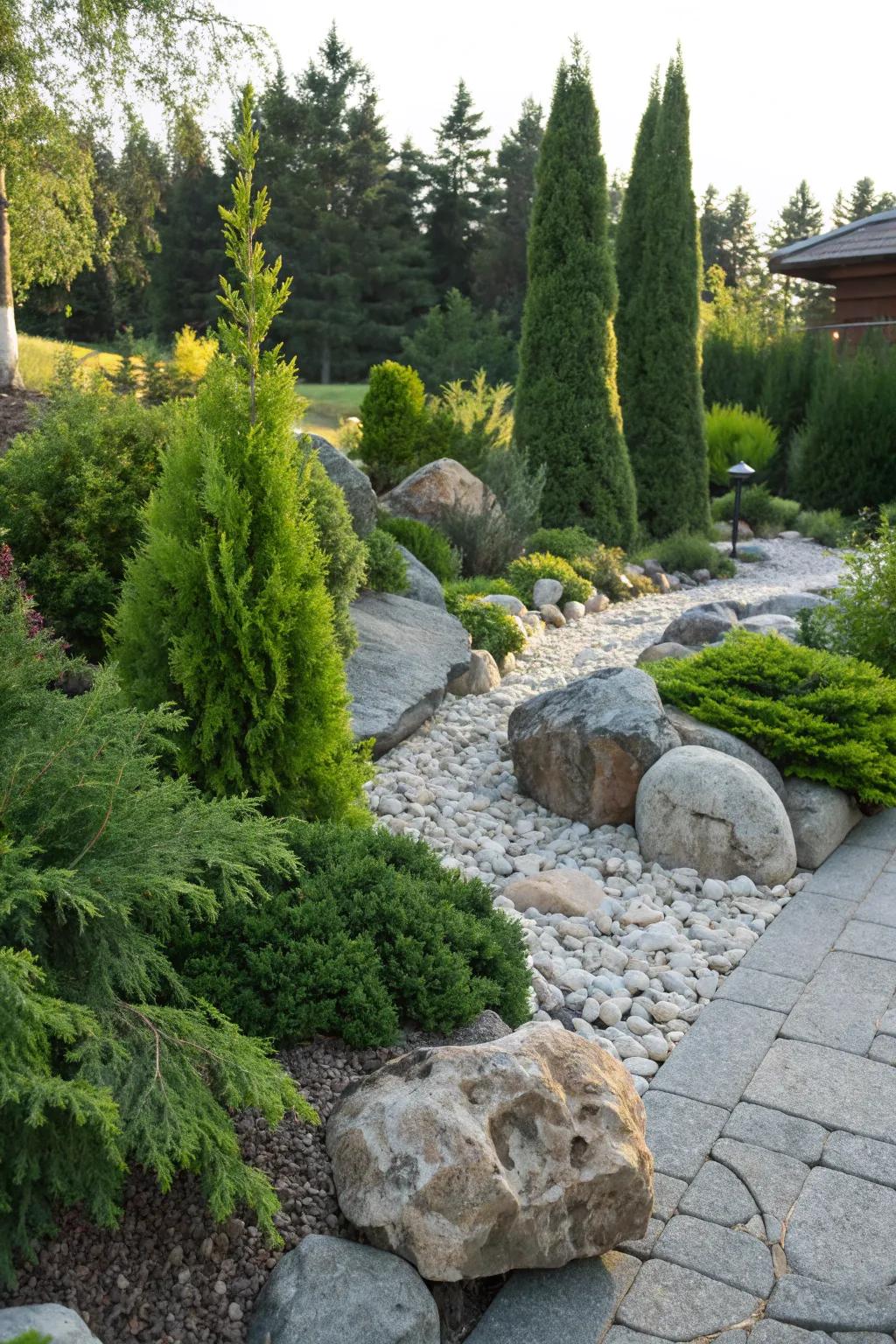 Emerald green arborvitae accentuating a rock garden.