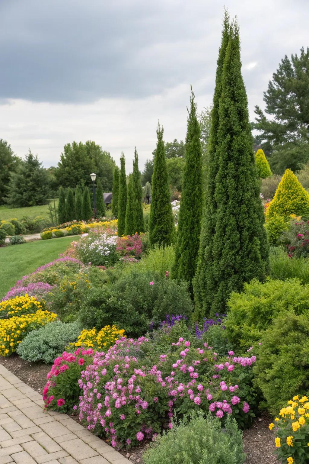 A vibrant mixed plant display with emerald green arborvitae and colorful flowers.