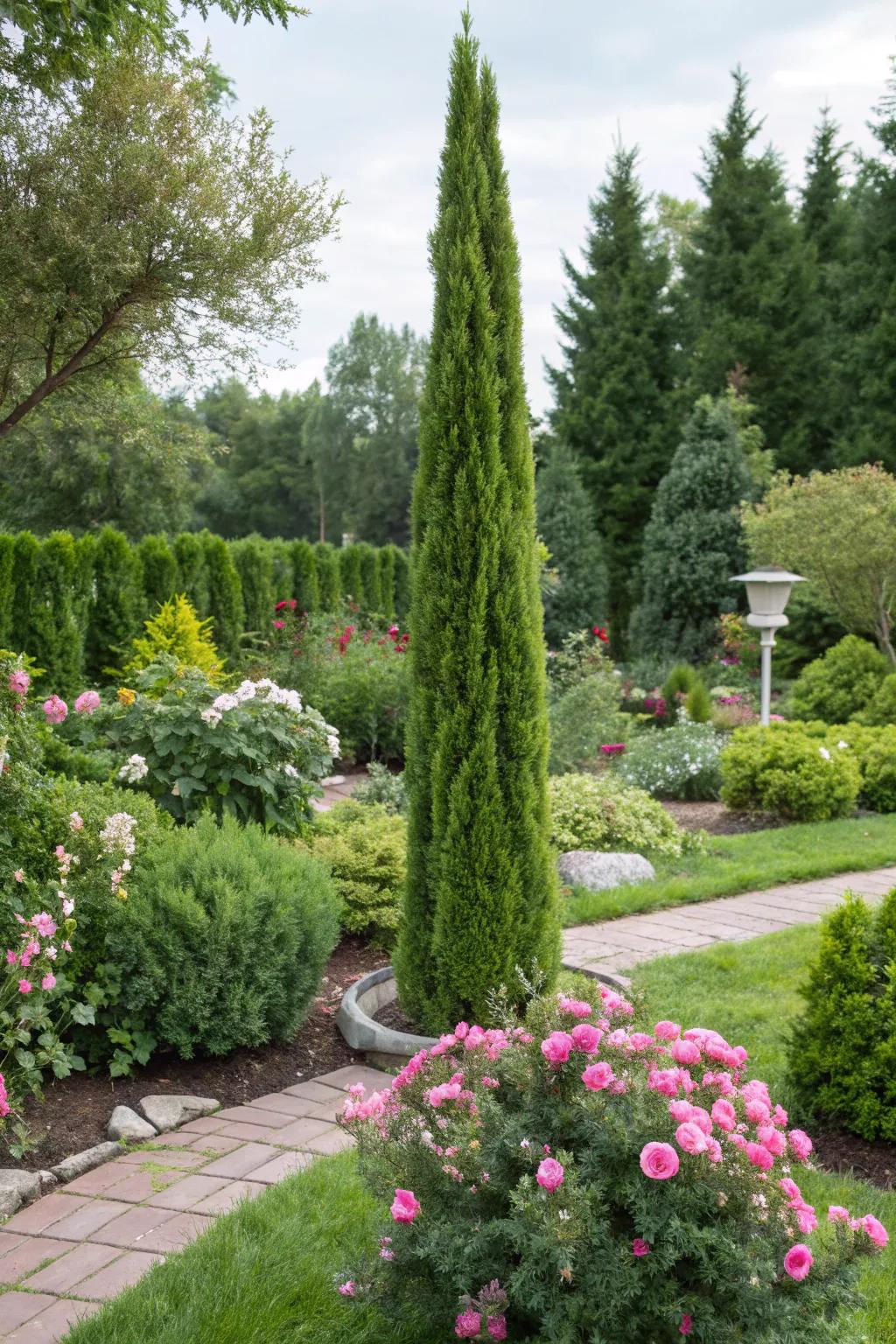 A garden with emerald green arborvitae as a striking focal point.