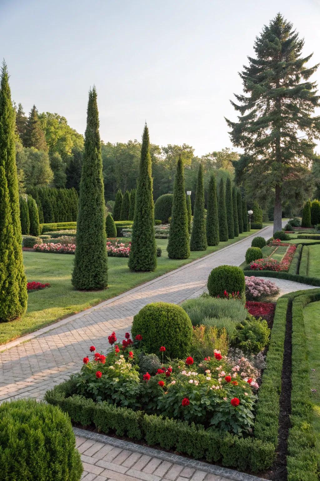 A formal garden featuring emerald green arborvitae in a symmetrical arrangement.