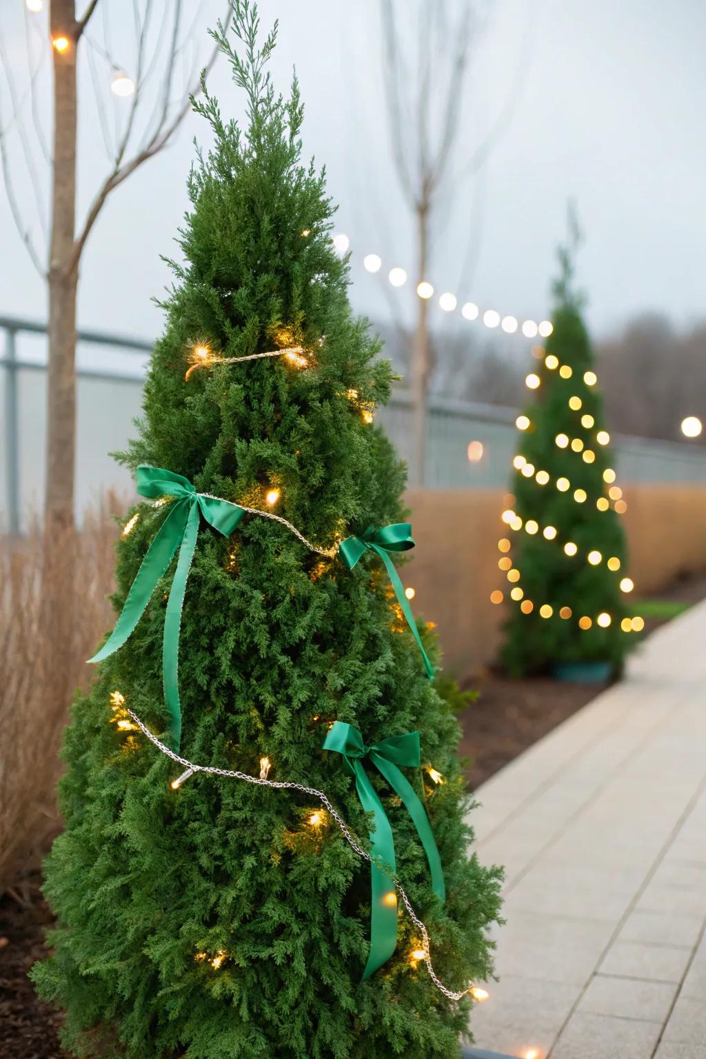 Seasonally decorated emerald green arborvitae adding festive charm.