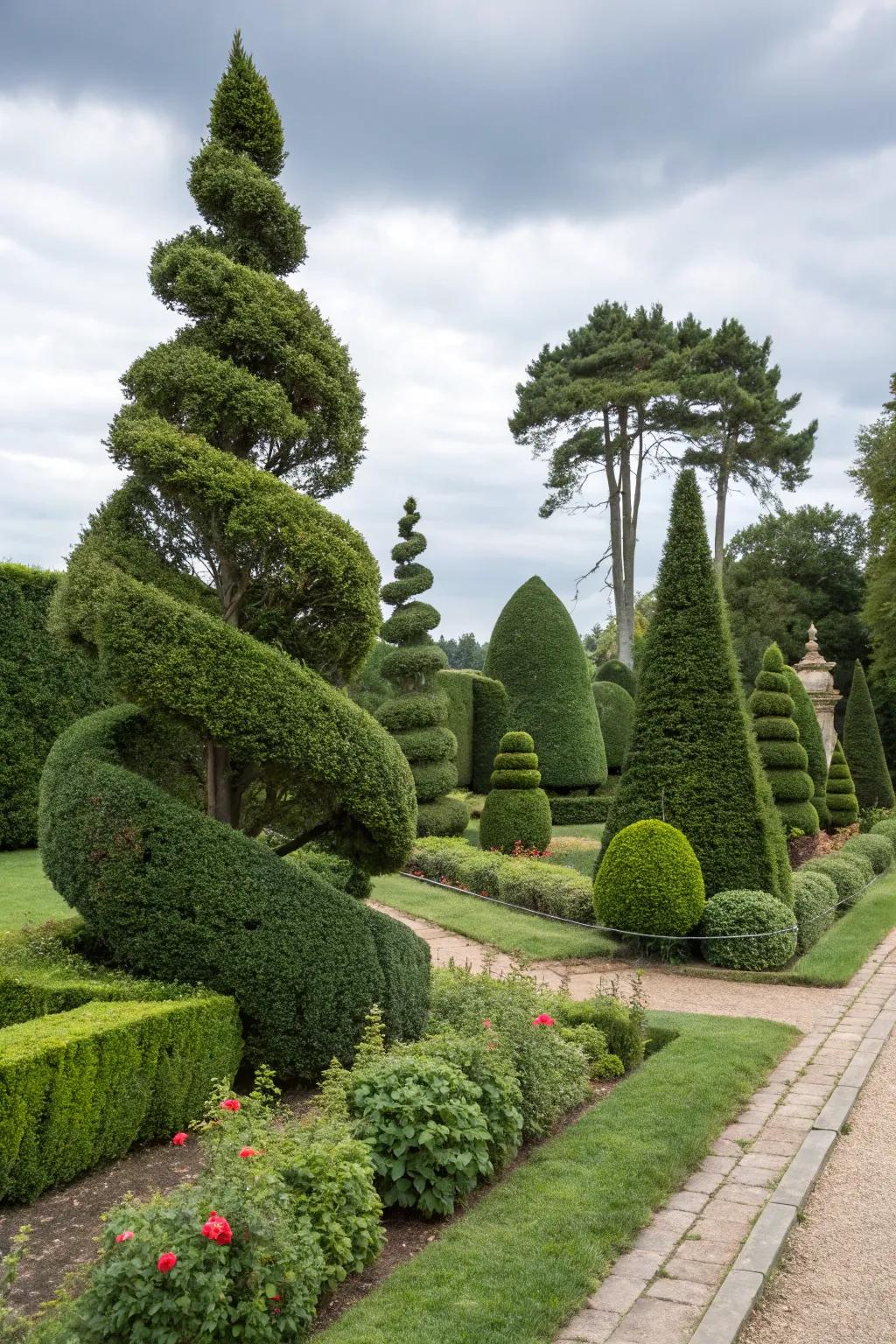 Creative topiary art using emerald green arborvitae in a garden.