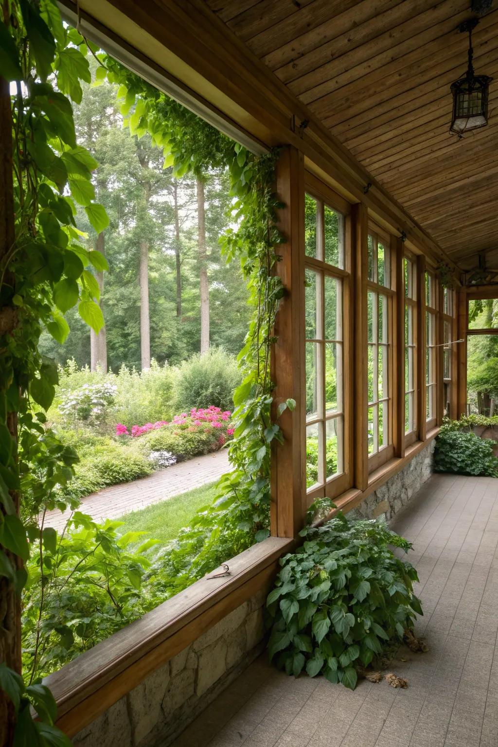 Natural wood frames that blend with the outdoor greenery.