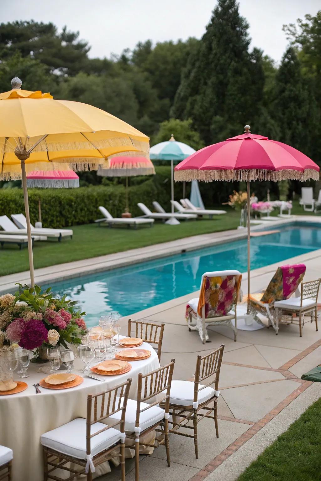 Coordinated umbrellas enhancing the poolside decor.