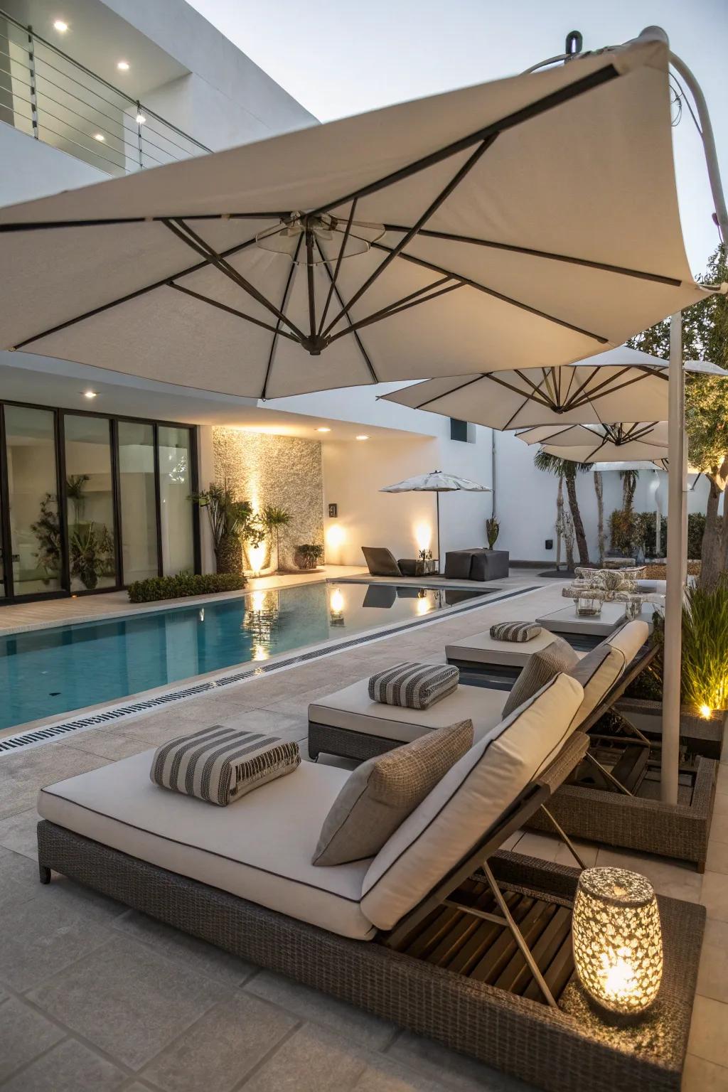Cantilever umbrella providing flexible shade over a poolside lounge.
