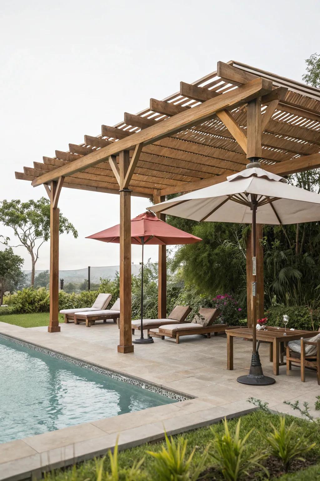 A charming wooden pergola offering shade with integrated umbrellas.
