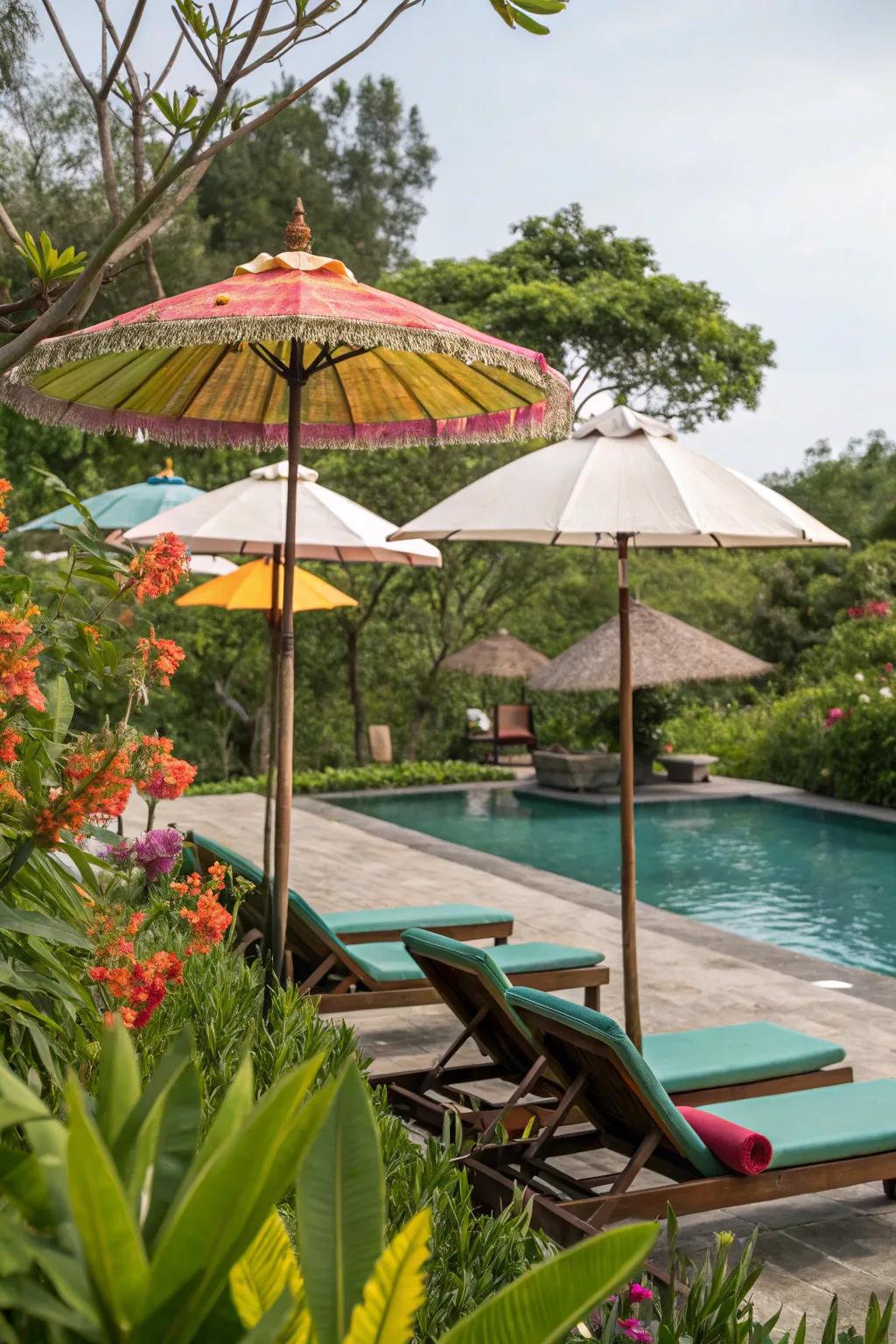 Eco-friendly umbrellas enhancing a sustainable poolside retreat.