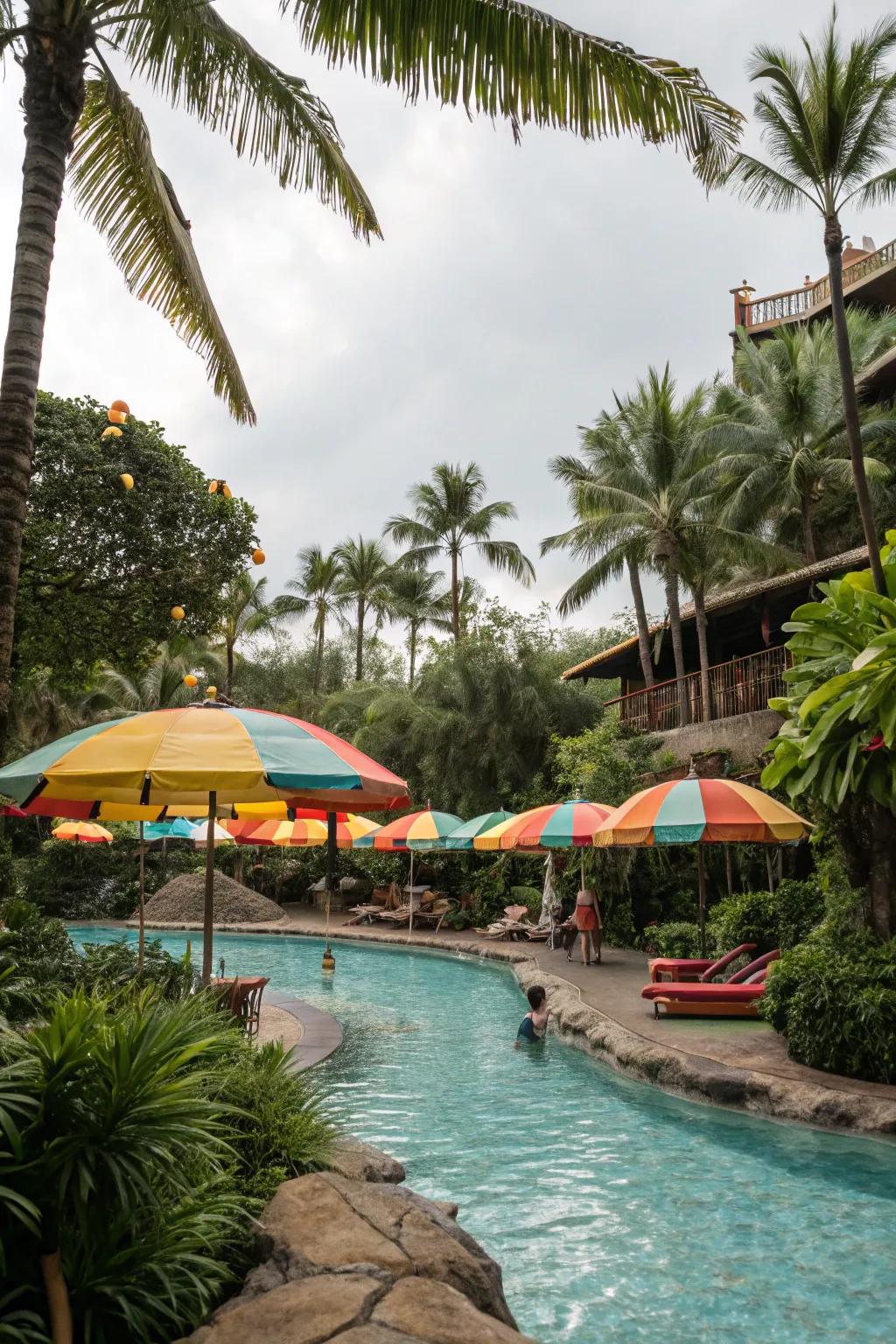 Tropical umbrellas bringing vacation vibes to the poolside.
