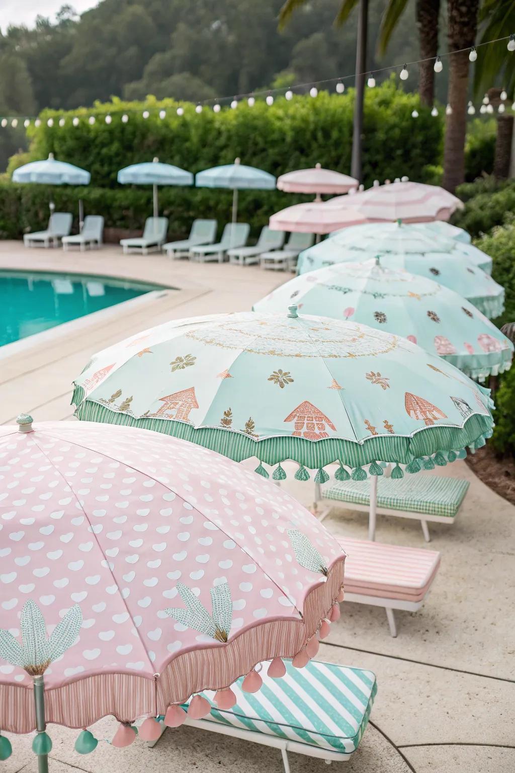 Whimsical patterned umbrellas adding a playful touch to the poolside.