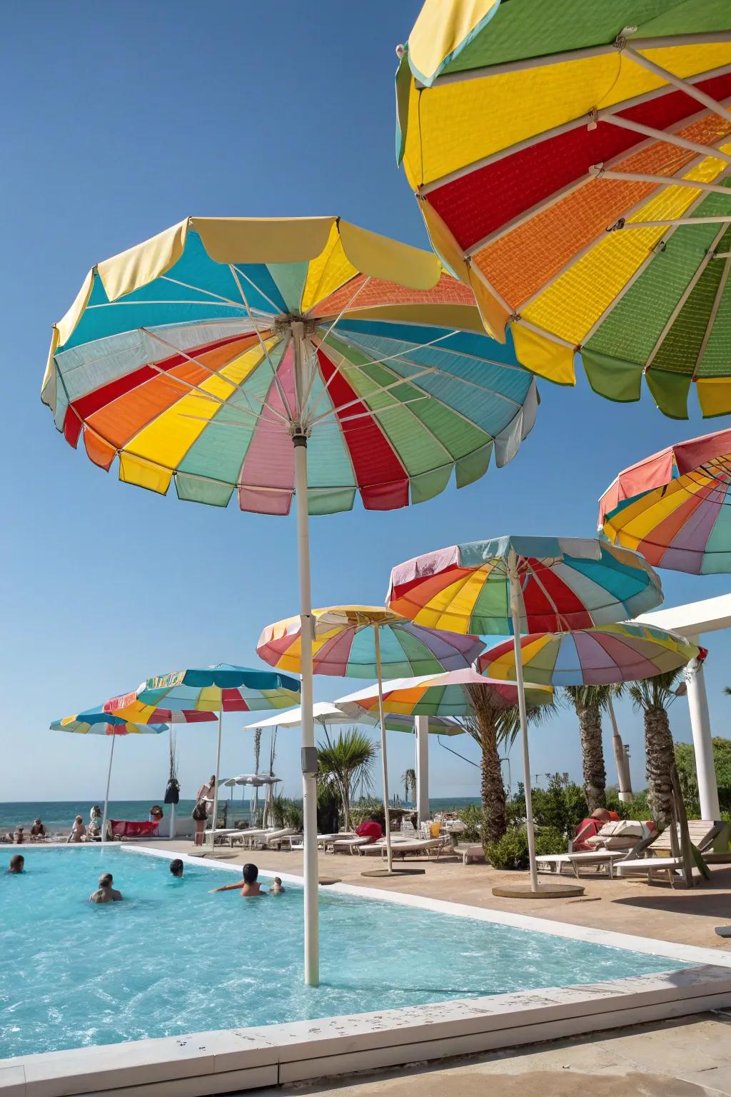 Colorful umbrellas injecting vibrant energy into the poolside atmosphere.
