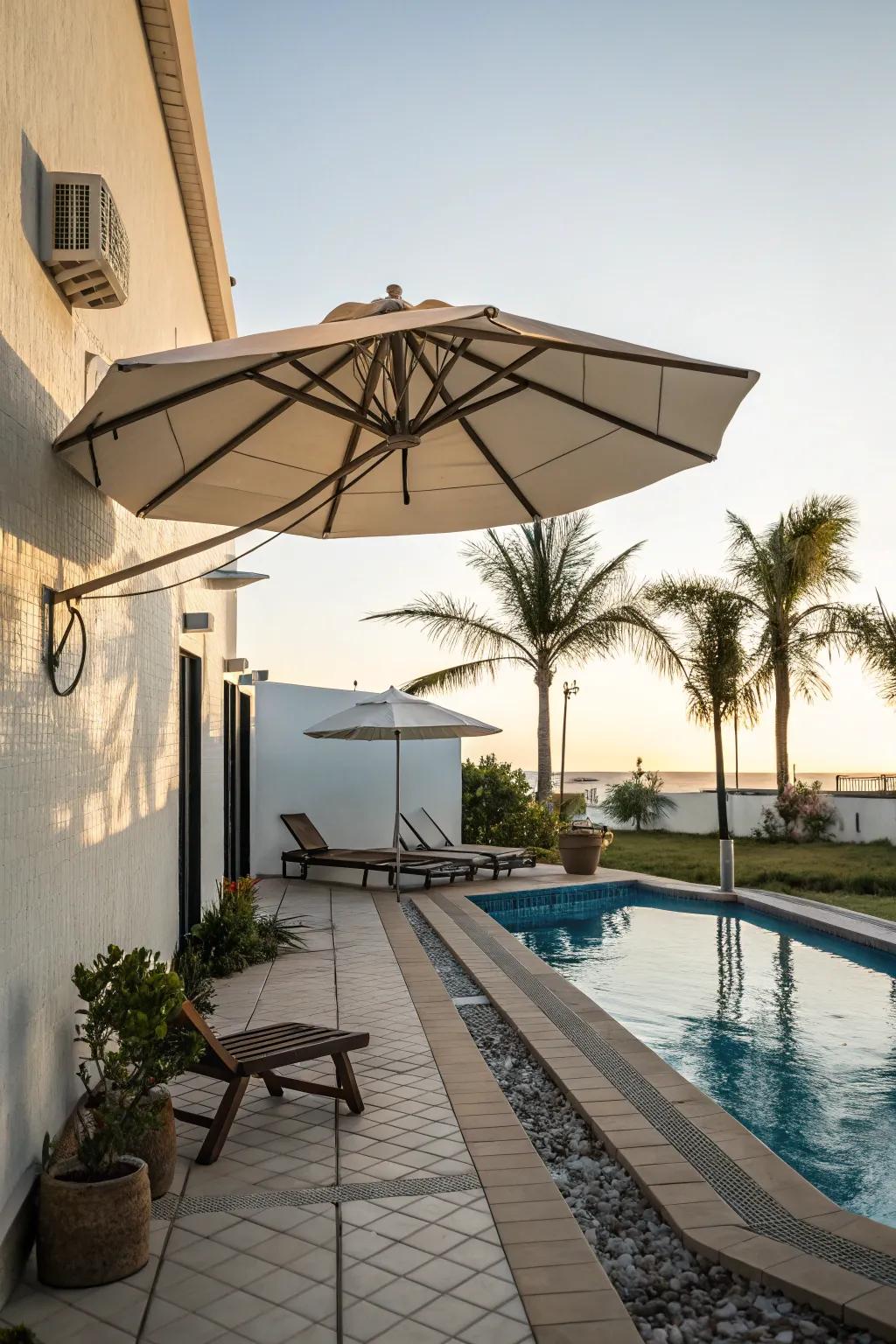Space-saving wall-mounted umbrella offering practical shade.