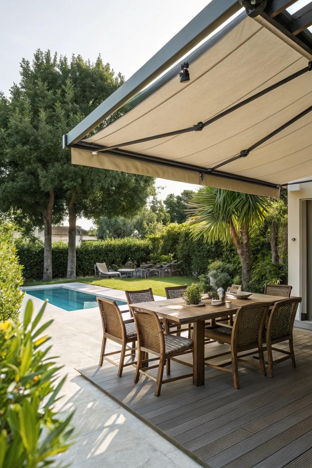 A retractable awning offering versatile shade for outdoor dining.