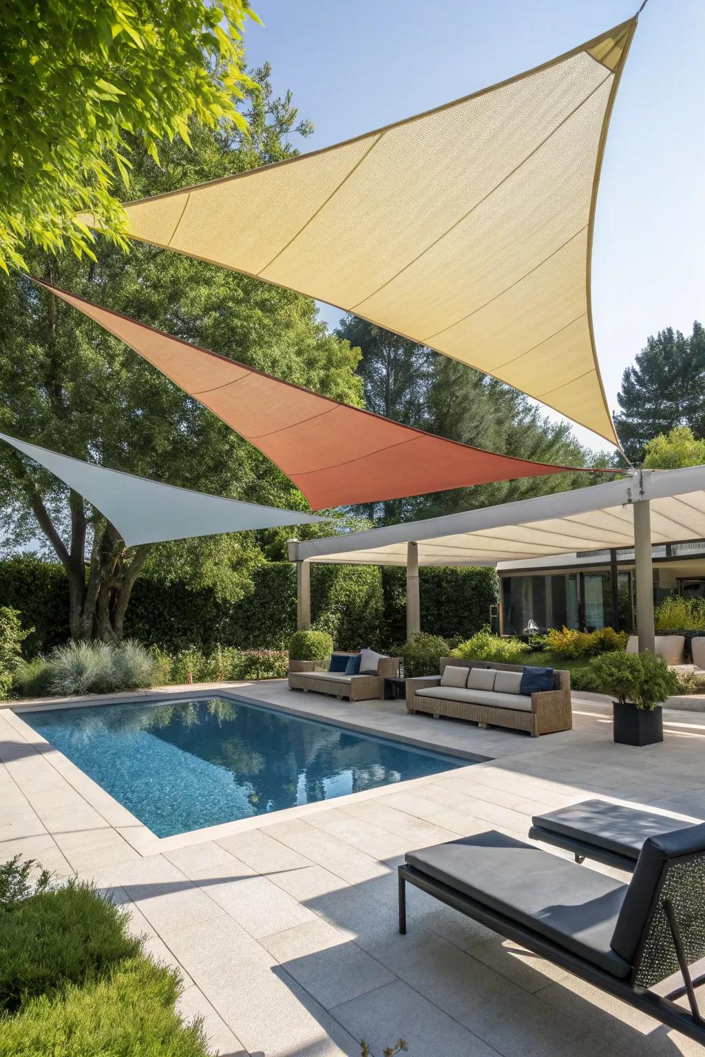 Modern shade sails creating a stylish poolside ambiance.
