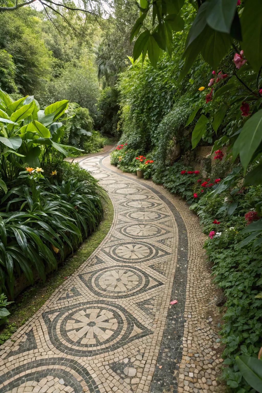 Craft unique designs with patterned pebble pathways.