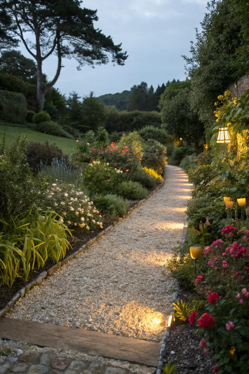 Create an enchanting glow with reflective gravel pathways.
