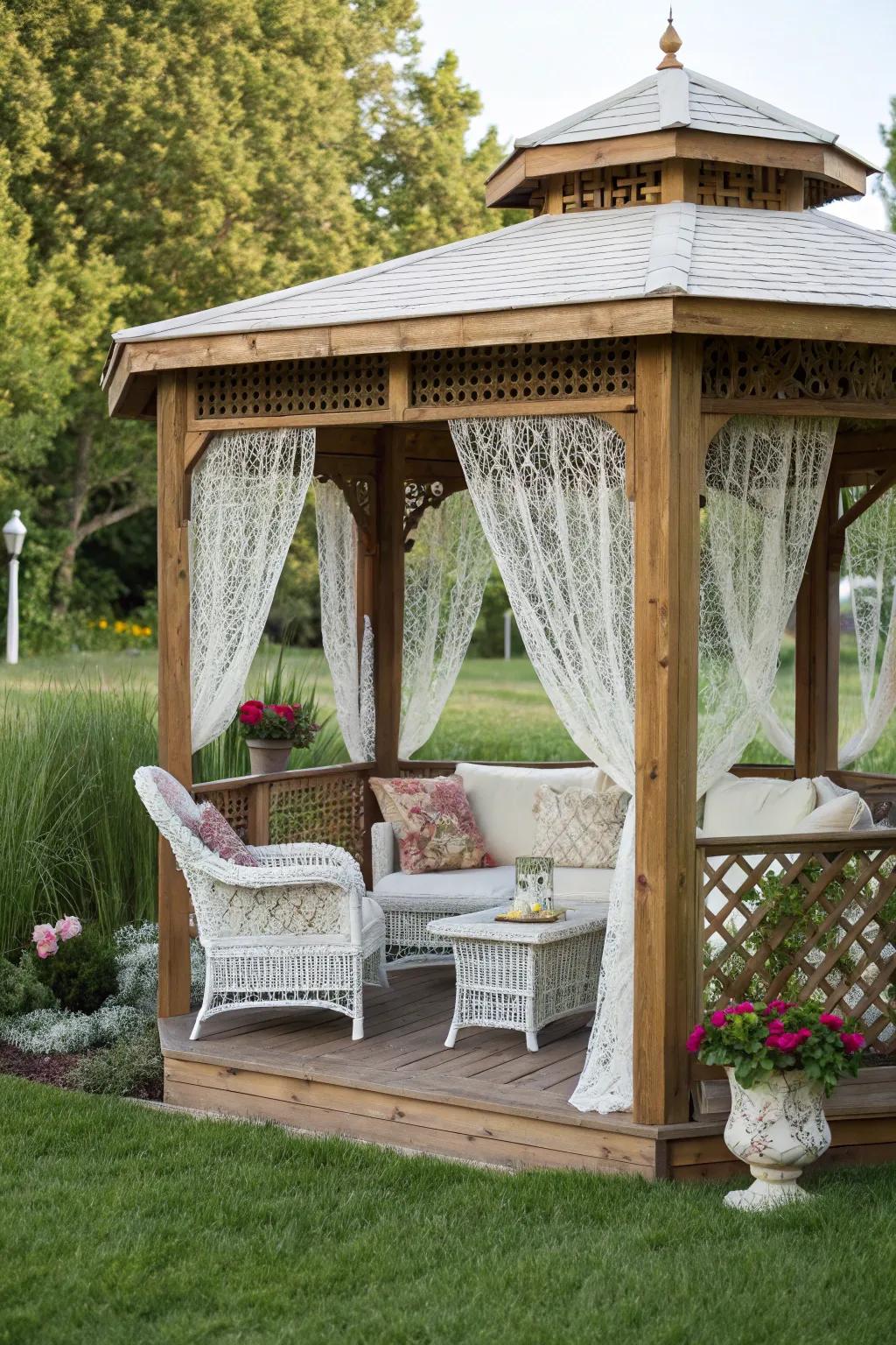 A small gazebo creates an elegant sheltered retreat