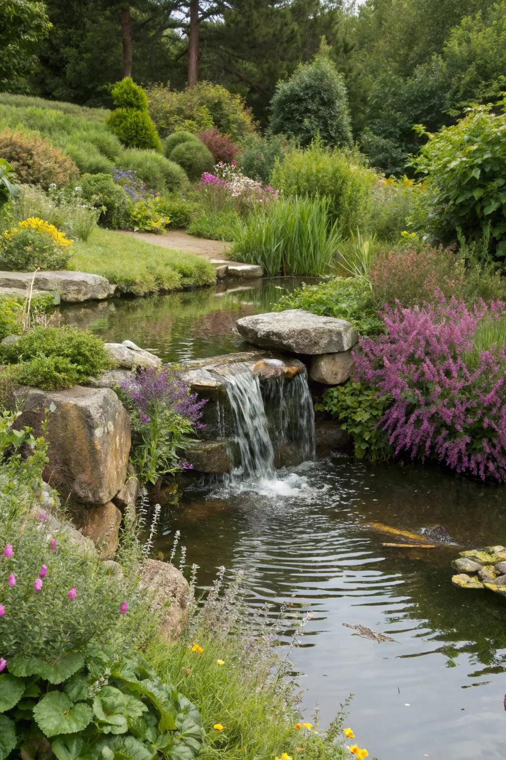A serene water feature complemented by heathers.