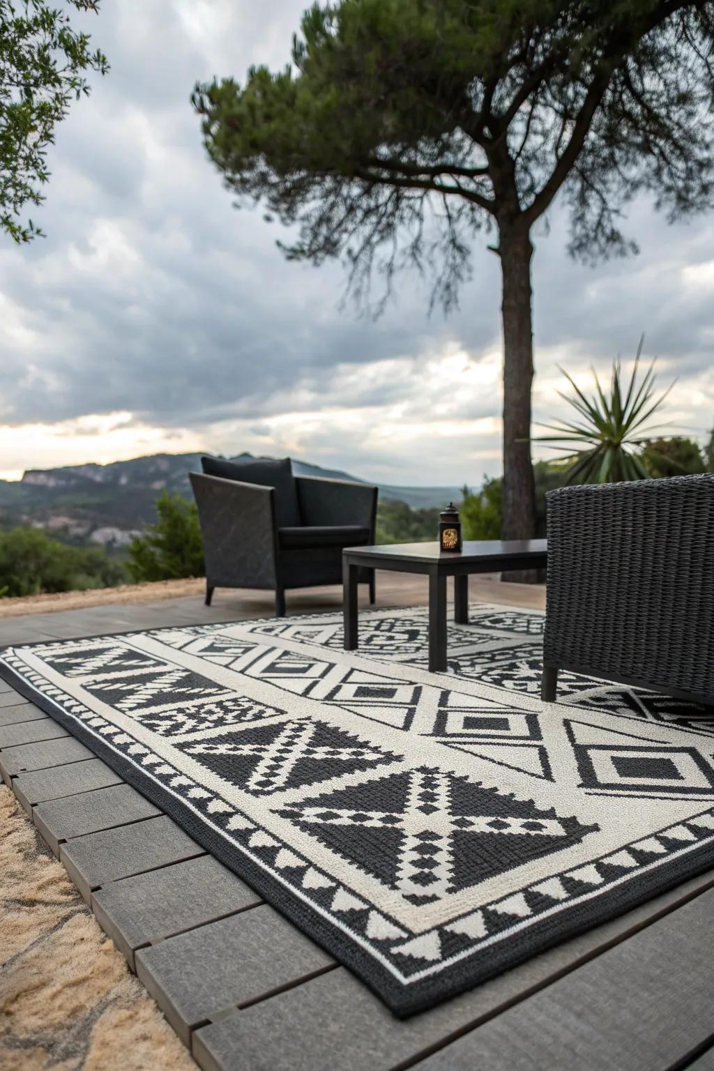 A geometric outdoor rug defines and enhances the patio area.