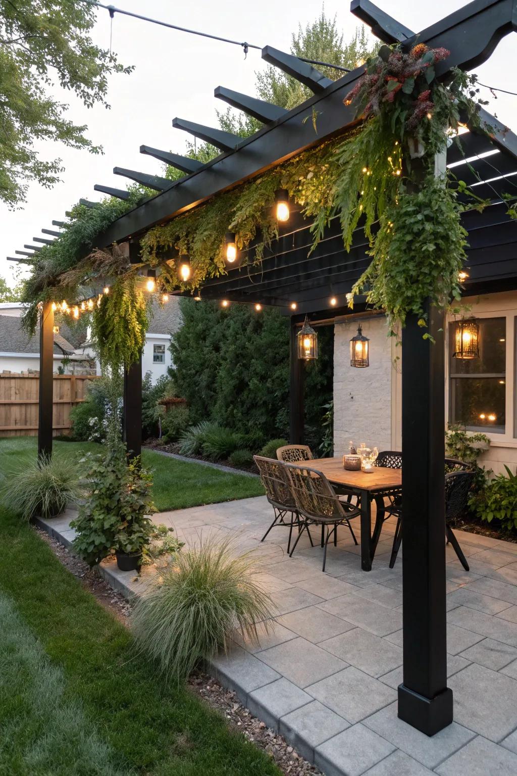 A pergola offers shade and a structure for decorative elements.