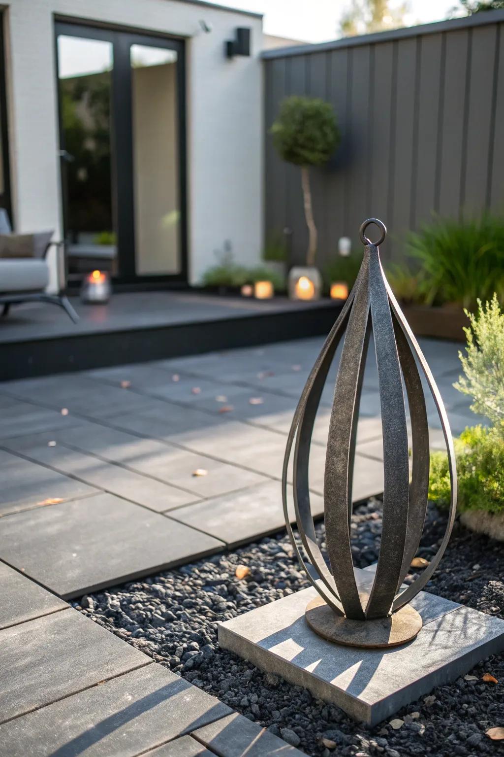 Sculptural art pieces add personality to a black patio.