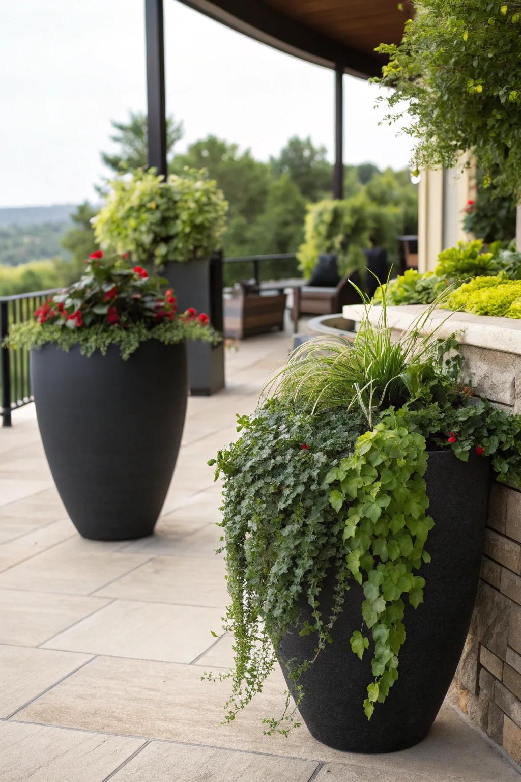 Statement planters frame and enhance a black patio space.