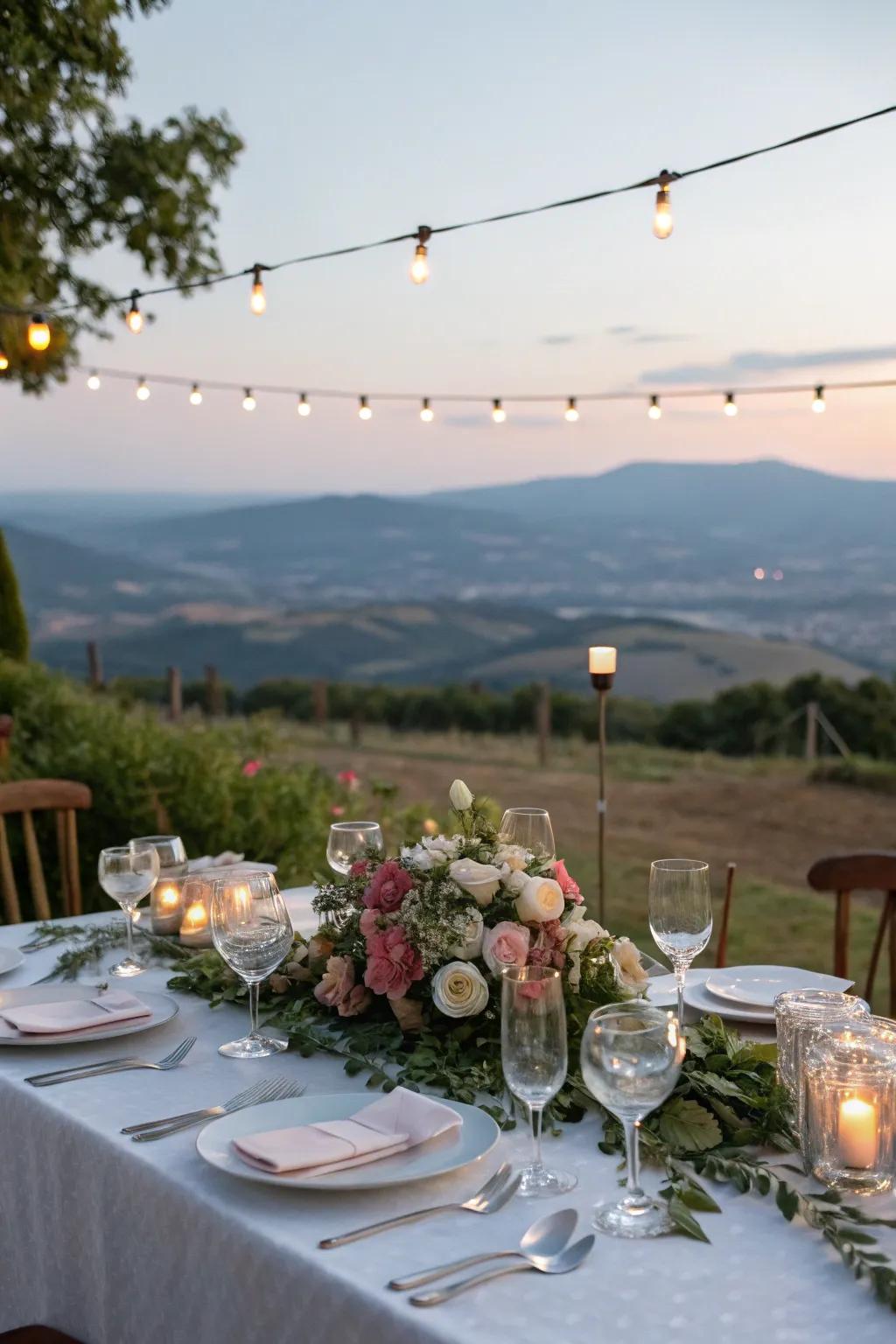 An elegant dinner setup with nature's beauty as the backdrop.
