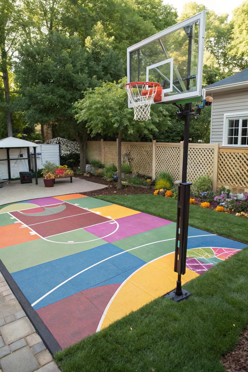 A family-friendly basketball court with vibrant colors and adjustable hoop.