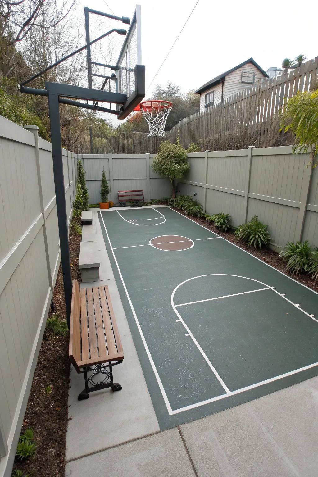 A cleverly designed narrow basketball court that makes the most of limited space.
