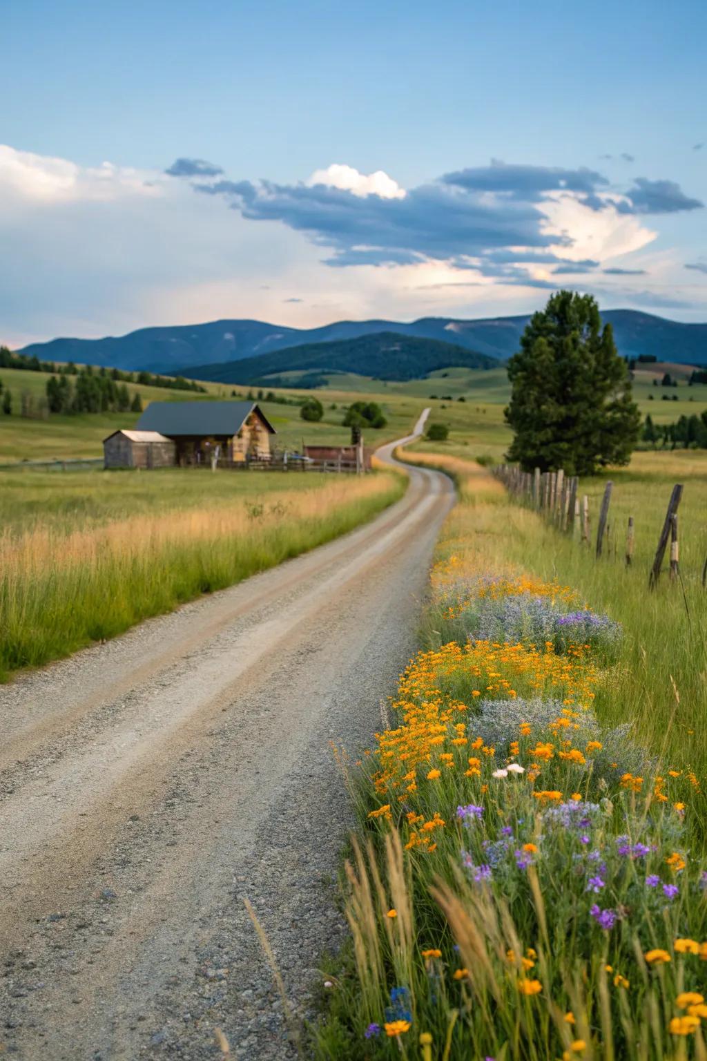 A gravel driveway bordered by vibrant wildflowers, evoking a charming countryside feel.