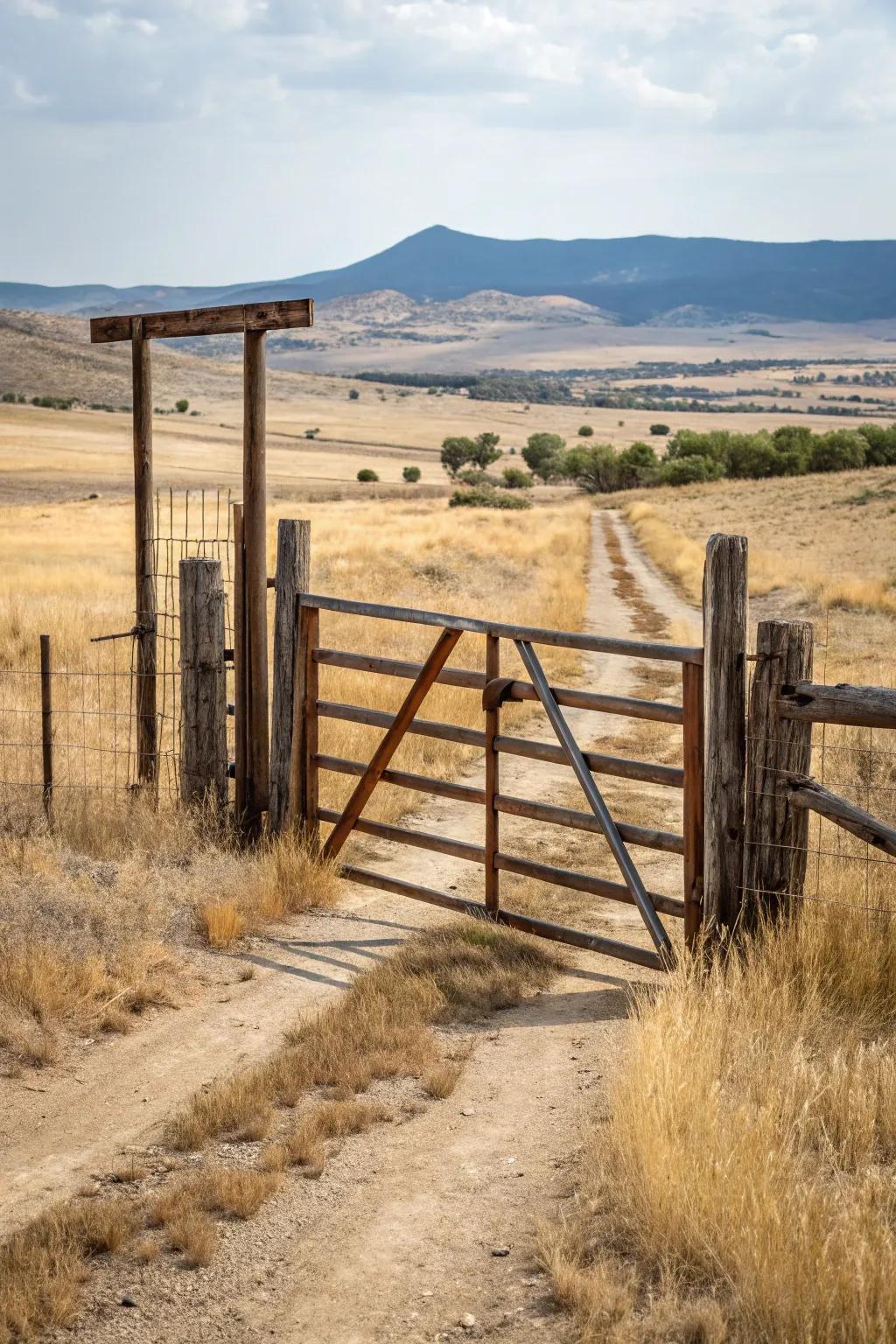A robust yet elegant gate combining iron and wood elements.