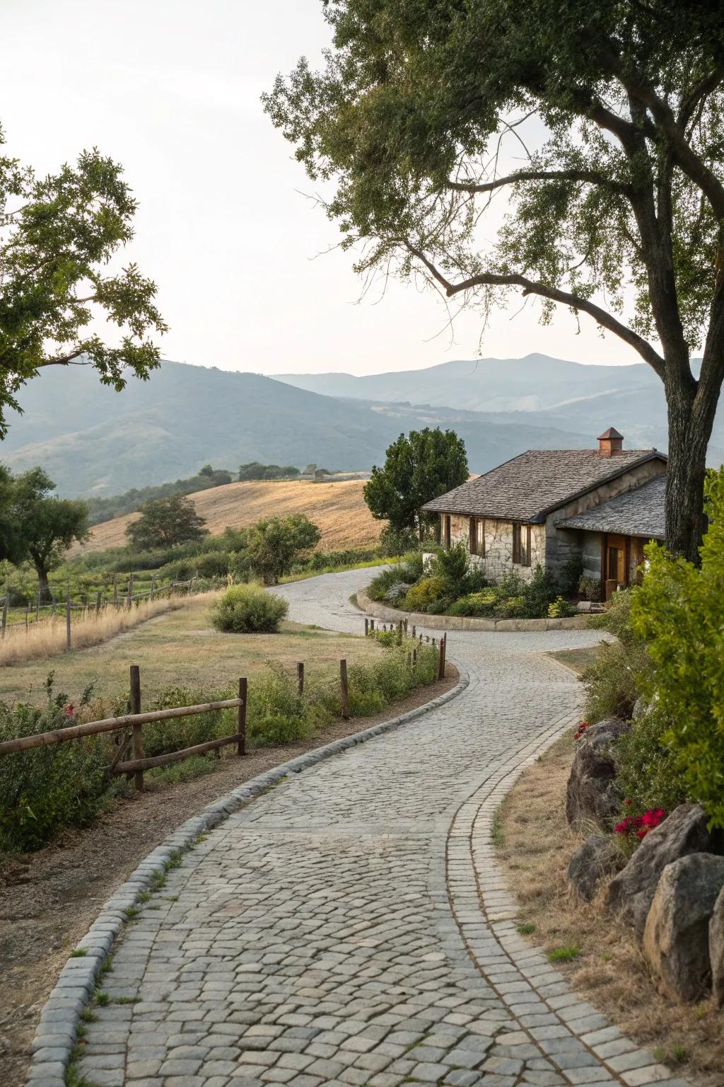 A cobblestone path providing an elegant, timeless entrance.