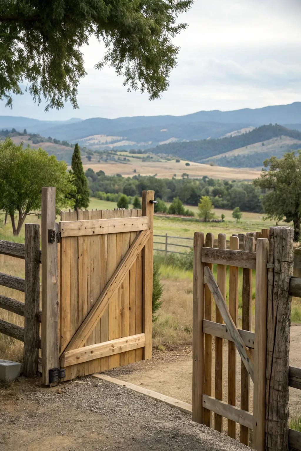 Warm cedar plank gates welcoming visitors to the ranch.